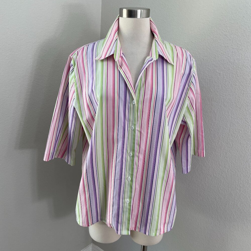 Foxcroft Womens Plus 16W Striped Button Up Shirt Colorful Classic‎ Fit Blouse